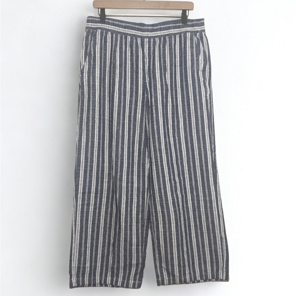 Linen Wide Leg High Waisted Pants Blue White Coastal Nautical Large Striped